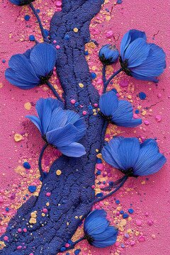 Vibrant blue flowers on a textured pink background