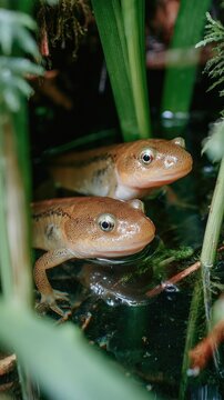 Two light brown amphibians in shallow water, nestled among green aquatic plants