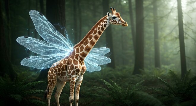 Enchanting Giraffe with Fairy Wings in a Mystical Forest