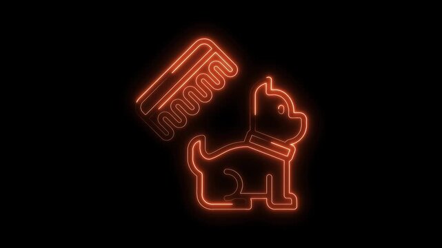 Neon style icon animation of dog grooming and pet care services shining isolated on black