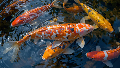 A vibrant school of koi fish swimming gracefully in a serene pond setting