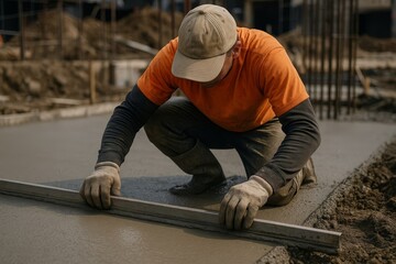 A focused worker levels fresh concrete on a construction site. He meticulously smooths the surface, ensuring a solid foundation.
