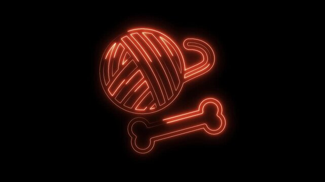 Animated neon pets toys glowing ball of yarn and bone outline on black background