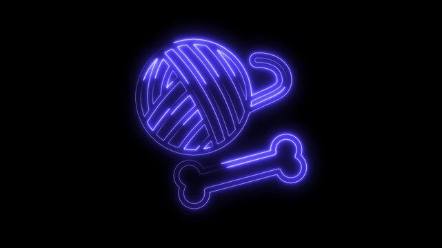 Neon yarn ball and dog bone on dark background animated loop