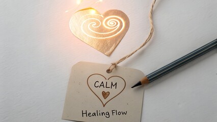 Wooden heart tag with pencil promoting calm healing