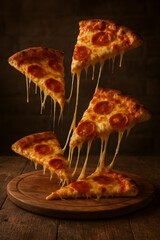 Floating Pizza Slices with Melting Cheese Strings
