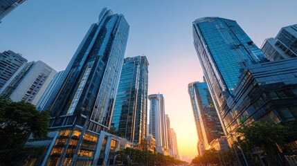 Fototapeta premium A modern cityscape shows tall glass buildings reflecting the warm glow of the sunset. Bright lights begin to illuminate the structures as day transitions to night