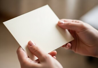 Obraz premium Woman's hands gently hold a blank card indoors creating a moment of anticipation and potential message waiting to be
