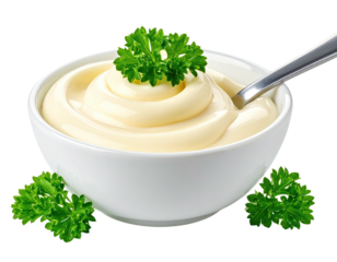 Creamy, off-white condiment swirls in a white bowl with a spoon, garnished with parsley