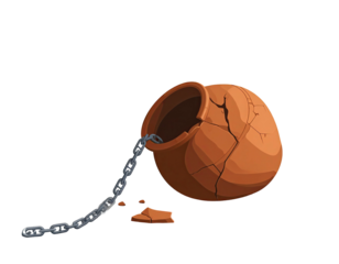 A broken clay pot, cracked with a chain attached, lying on a dark background