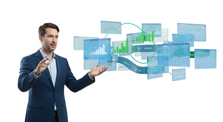 Blue graphs illuminate, man gestures. Tech UI shows data analytics. Uses: business presentation, financial video, tech branding.