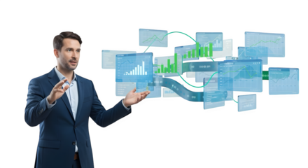 Blue graphs illuminate, man gestures. Tech UI shows data analytics. Uses: business presentation, financial video, tech branding.
