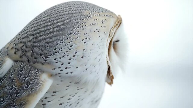 Close-up of a white owl's face with distinctive black eye, great for wildlife or nature-themed projects