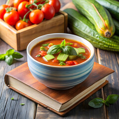 tomato zucchini vegetable soup with herbs in black