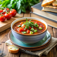 tomato zucchini vegetable soup with herbs in black