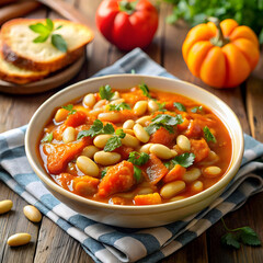 stewed white beans and sliced pumpkin in tomato sa