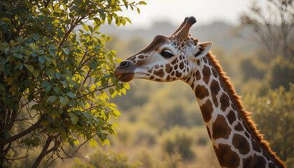 Giraffe eating leaves from a tree in the african savanna at sunset