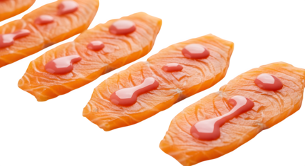 Orange salmon shines, with a glossy, pink sauce. Studio shot highlights raw food for culinary branding or product photography on black.