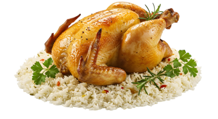 Golden brown roasted chicken gleams, resting on a bed of rice. Great for menu design, social media, or food blog photography.