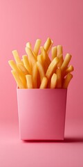 golden french fries in a pink carton