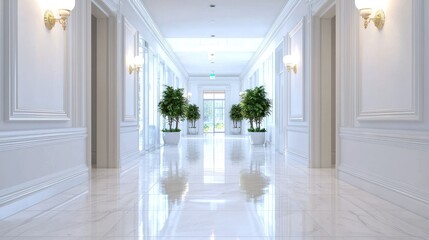Fototapeta premium Elegant and Spacious Hallway Interior with Gleaming Floor and Potted Plants in Bright Atmosphere