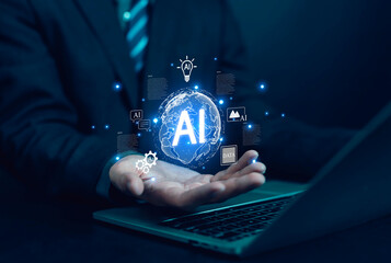 Artificial intelligence AI technology with digital globe above businessman hand and laptop, symbolizing innovation, automation, machine learning, smart solutions, and future digital transformation.