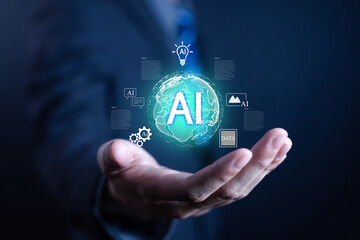 Artificial intelligence AI technology concept with digital globe above business hand, representing data innovation, future technology, automation, machine learning, and smart digital transformation.