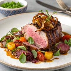 roasted lamb with caramelized onion and vegetables