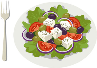 Greek salad with feta cheese, olives, and fresh vegetables on a plate - Concept of flat style, transparent background  