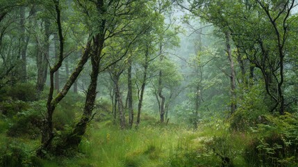 Obraz premium Lush forest scene with dense foliage and a light, misty atmosphere