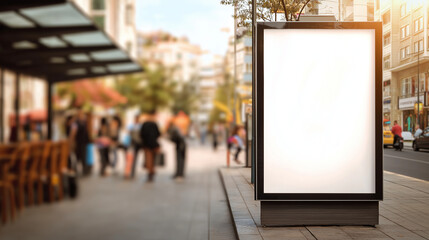 Blank Advertisement Display in an Urban Outdoor Setting with Restaurant and Shoppers in the Background 