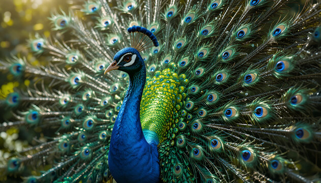 Peacock displaying its beautiful feathers in a vibrant and colorful display