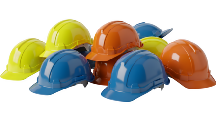 Hard hats gleam in yellow, blue, and orange, ideal for industrial safety campaigns, construction site signage, or engineering team promotions.