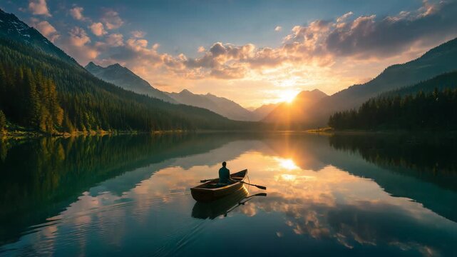 Ultra HD A man boating in the lake video, silhouette of a man in a boat on a lake at sunset with mountains in background