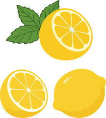 Yellow lemon fruits with green leaves in flat style, transparent background  