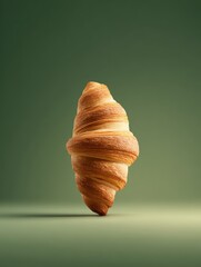 minimalistic croissant standing vertically on a green background