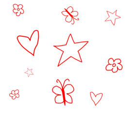 Red doodle sketch of stars, hearts, flowers, and butterflies on transparent background. PNG hand draw element