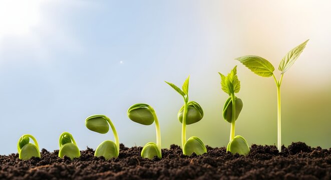 Plant growth stages and natural organic development. Time-lapse of seed germination and seedling emergence. Five young plants growing in sequence in dark, rich soil under sunlight