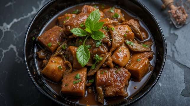 Adobo Pork in black bowl at dark slate background. Pork Adobo or Adobong Baboy is filipino cuisine dish with braised pork belly, bay leaves, soy sauce, vinegar and spices. Filipino food. Top view
