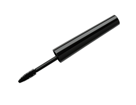 Close-up of a black mascara wand with the brush extending from the handle