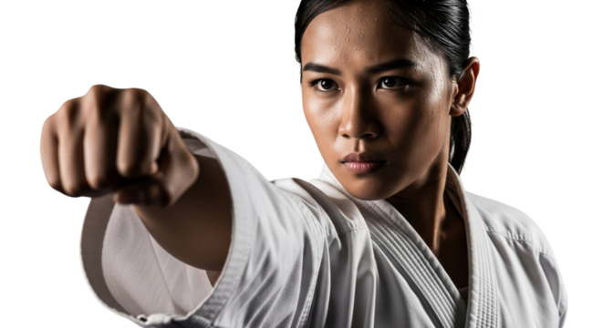 Focused Woman in White Gi Delivering a Punch with Determination and Strength.