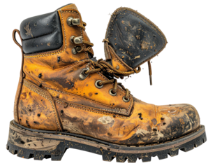 Heavily used leather work boot, weathered, dirty, laced. Shows wear and tear