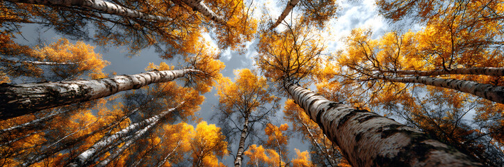 Picturesque autumn landscape with view of birch tree tops with yellow foliage gainst sky in cloudy autum day. Beautiful natural bakground, wonderful nature,seasons changing concept
