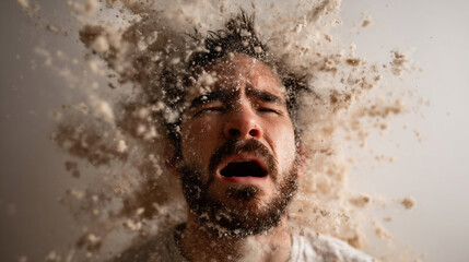 A portrait of a man with his head appearing to explode