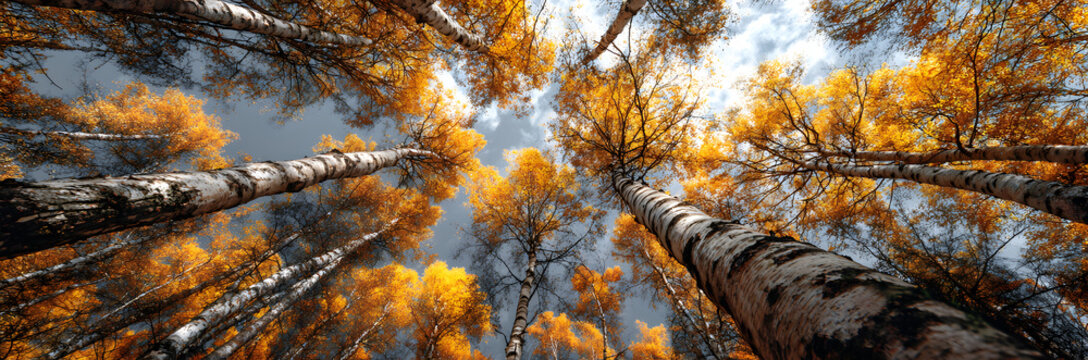 Picturesque autumn landscape with view of birch tree tops with yellow foliage gainst sky in cloudy autum day. Beautiful natural bakground, wonderful nature,seasons changing concept