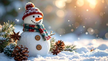 Festive snowman with red and green knit hat carrot nose coal eyes wooden buttons and evergreen accents on snowy surface with falling snowflakes and warm golden light for holiday editorial seasonal bra
