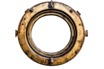 Antique nautical porthole window with weathered brass frame isolated on transparent background. Boat ship porthole isolated on white background.