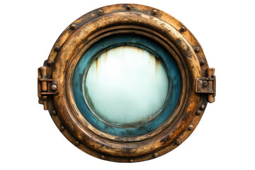 Rustic ship porthole window showing ocean waves isolated on transparent background. Boat ship porthole isolated on white background.