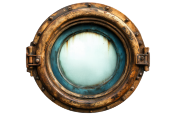 Rustic ship porthole window showing ocean waves isolated on transparent background. Boat ship porthole isolated on white background.