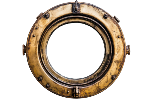 Antique nautical porthole window with weathered brass frame isolated on transparent background. Boat ship porthole isolated on white background.